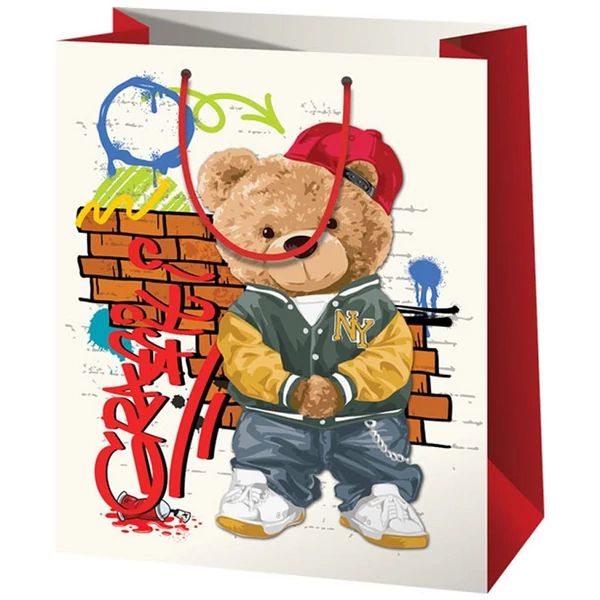 Sapkás maci nagy méretű ajándéktáska 27x14x33cm