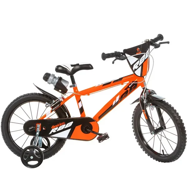 R88 14” gyerek bicikli kulacstartóval és oldalkerekekkel narancssárga-fekete színben – Dino Bikes kerékpár