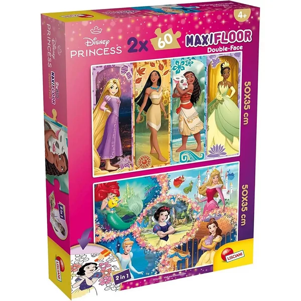 Disney Hercegnők 2 az 1-ben maxi 2x60db-os puzzle és színező 50x35cm - Lisciani