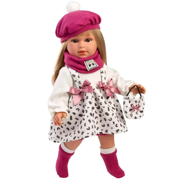 Llorens: 40cm-es Carla baba rózsaszín sapkában divatos ridiküllel