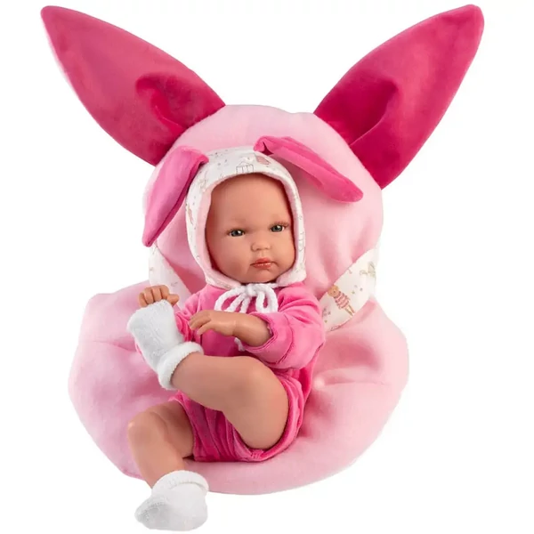 Llorens: Bimba újszülött baba rózsaszín nyuszis hordozóval 35cm