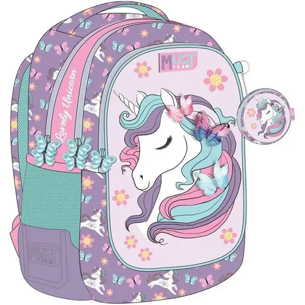 Luna: Must Team Unikornis lekerekített 3 rekeszes iskolatáska, hátizsák 32x18x43cm