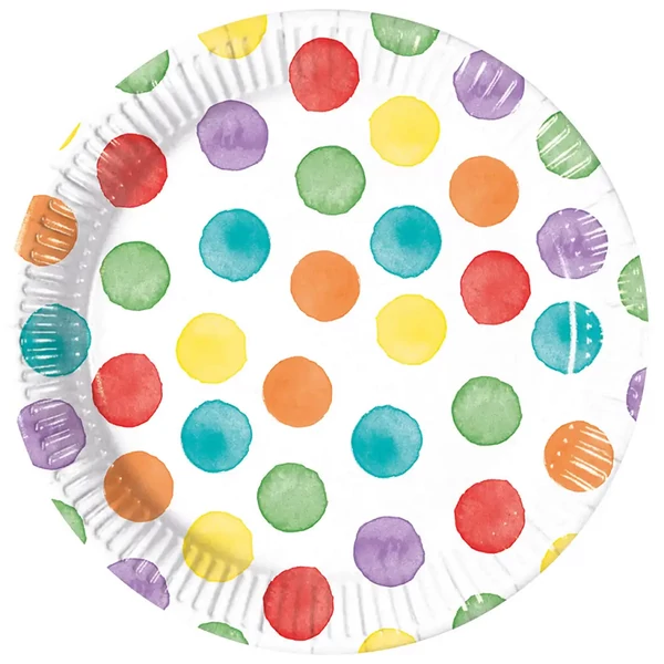 Fehér alapon színes pöttyös papírtányér 8db-os szett