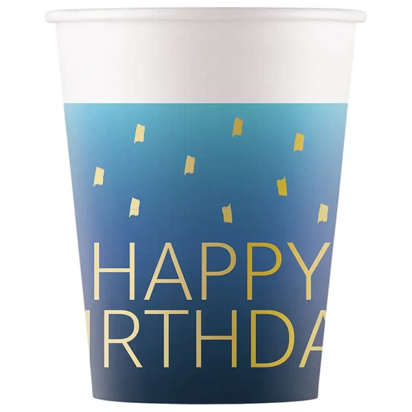 Kék színű szülinapi "Happy Birthday" feliratú papírpohár 8db-os szett 200ml