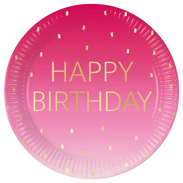 Rózsaszín színű szülinapi "Happy Birthday" feliratú papírtányér 8db-os szett 23cm