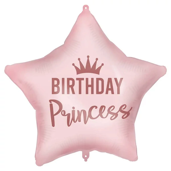 Szülinapi fólia lufi – „Birthday Princess” felirattal, csillag alakú, rózsaszín 46cm