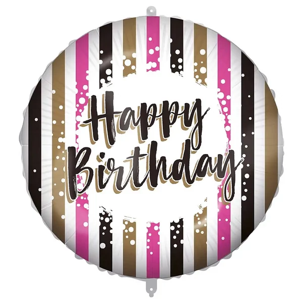 Szülinapi fólia lufi – „Happy Birthday” felirattal, arany-fekete-rózsaszín csíkos design 46cm