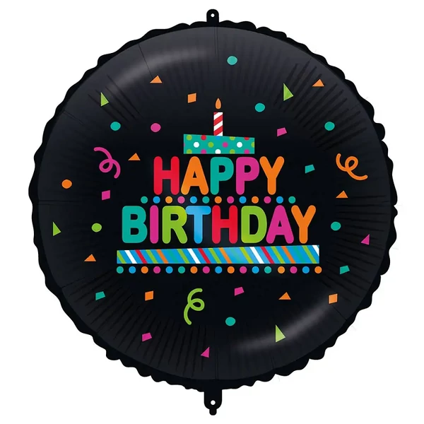 Szülinapi fólia lufi – „Happy Birthday” felirattal, tortás-konfettis, fekete alapon 46cm
