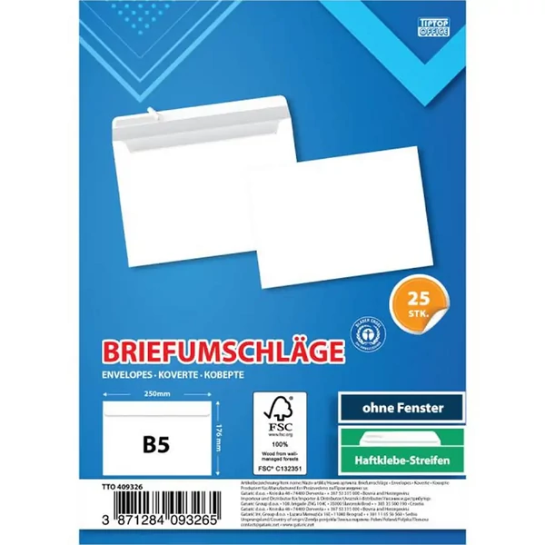 Spirit: Fehér boríték B5 25x17cm 25db-os csomag