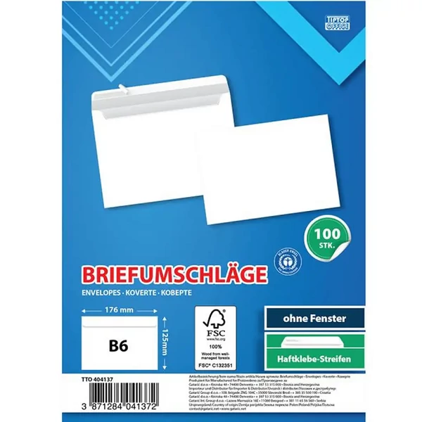 Spirit: Fehér boríték B6 17,6x12,6cm 100db-os csomag