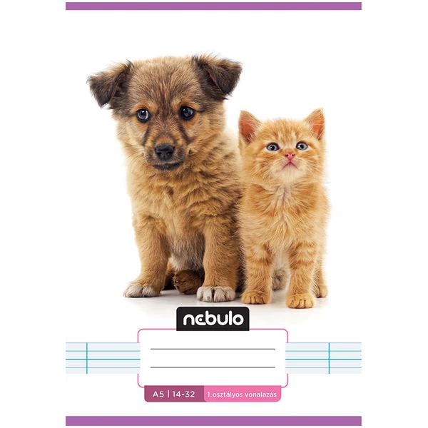 Nebulo: Tűzött 1. osztályos kutya és cica mintás vonalas füzet 14-32 A/5