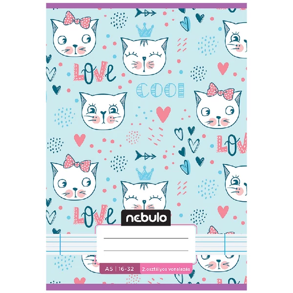 Nebulo: Tűzött 2. osztályos pasztell kék alapon cica mintás vonalas füzet 16-32 A/5