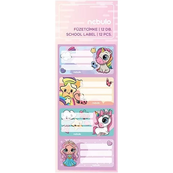 Nebulo: Unikornis és királylány mintás füzetcímke 12db-os szett