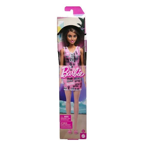 Barbie Chic barna hajú divatbaba rózsaszín, Barbie feliratú ruhában - Mattel
