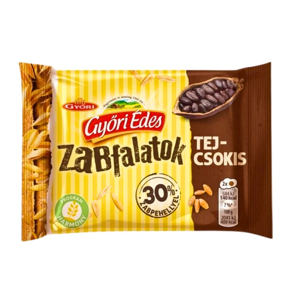 Győri édes zabfalatok tejcsokoládéval talpán mártott, zabpelyhes, omlós keksz 43g