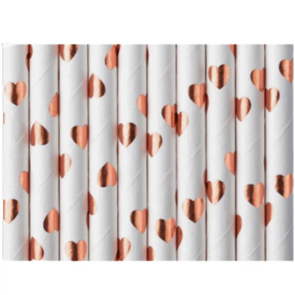 Party papír szívószál rosegold-fehér színben szíves mintával 10db-os kiszerelésben