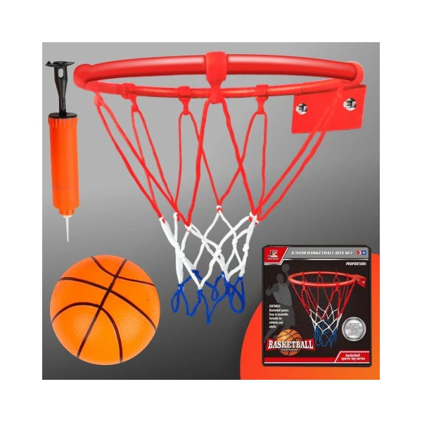 Fém kosárlabda gyűrű szett színes hálóval, labdával és pumpával 24cm-es
