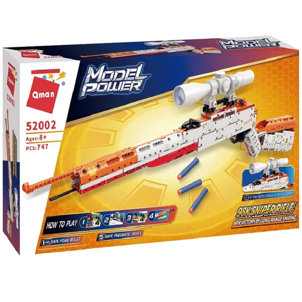 Mauser 98k játék ismétlőpuska– 8x-os nagyítású távcsővel, 10db szivacs tölténnyel | 747 db építőkocka | építőjáték | QMAN 52002