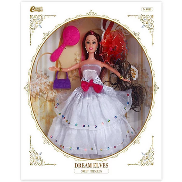 Divatbaba póthajjal és kiegészítőkkel fehér ruhában 30cm