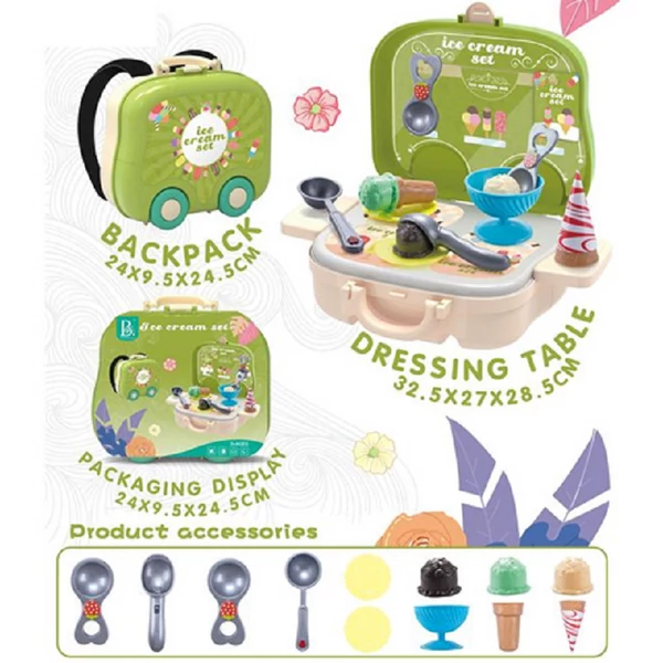 Zöld 2az1-ben fagyi pult szett gurulós bőröndben kiegészítőkkel