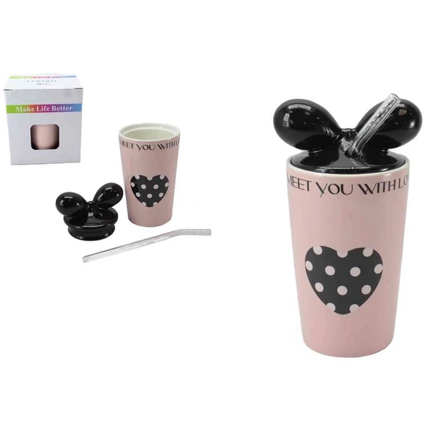 Kerámia pohár tetővel és szívószállal 350ml LU13