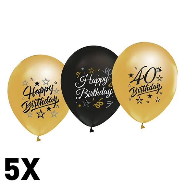 40. évszámos arany-fekete party lufi 5db-os kiszerelésben