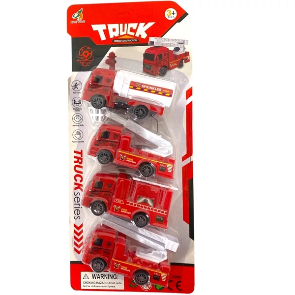 Játék hátrahúzós tűzoltóautó készlet 4db-os kiszerelésben JA3384