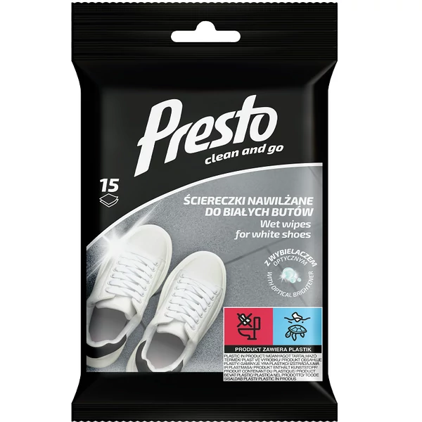 Presto nedes törlőkendő fehér cípőhöz 15db-os kiszerelésben