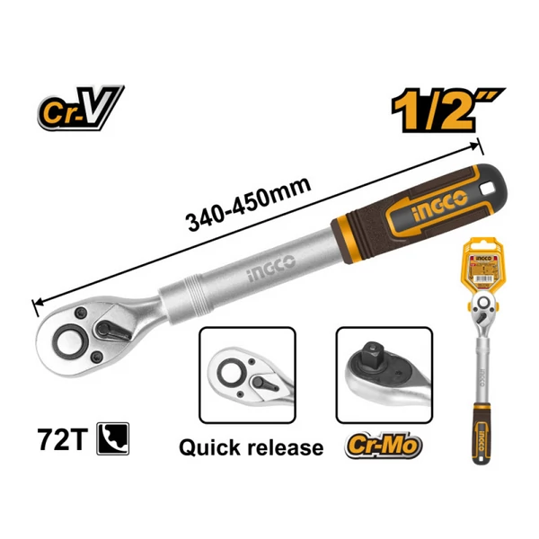 Ingco Racsnis hajtószár 1/2" 340-450 mm 72T teleszkópos CrV - HRTH08128L