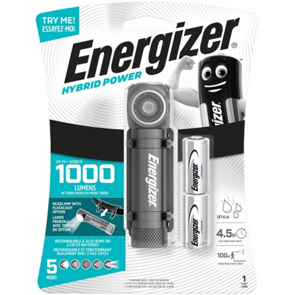 Energizer Fejlámpa Hybrid + 2x123 + 1x18650 akku - EHLED