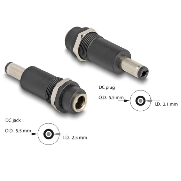 Delock Adapter, DC 5,5 x 2,5 mm-csatlakozóhüvely, DC 5,5 x 2,1 mm méretű apa