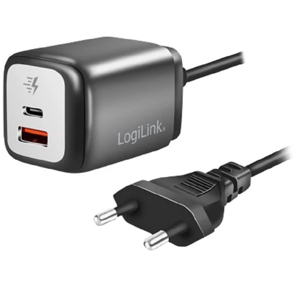 Logilink Kettős USB-csatlakozós adapter, GaN, 1x USB-A, 1x USB-C, 30 W, rögzített kábel