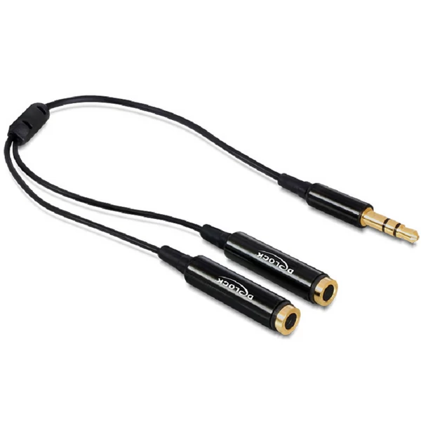 Delock kábel, audio sztereo jack apa, 3.5 mm > 2 x sztereo jack anya, 25 cm, fekete