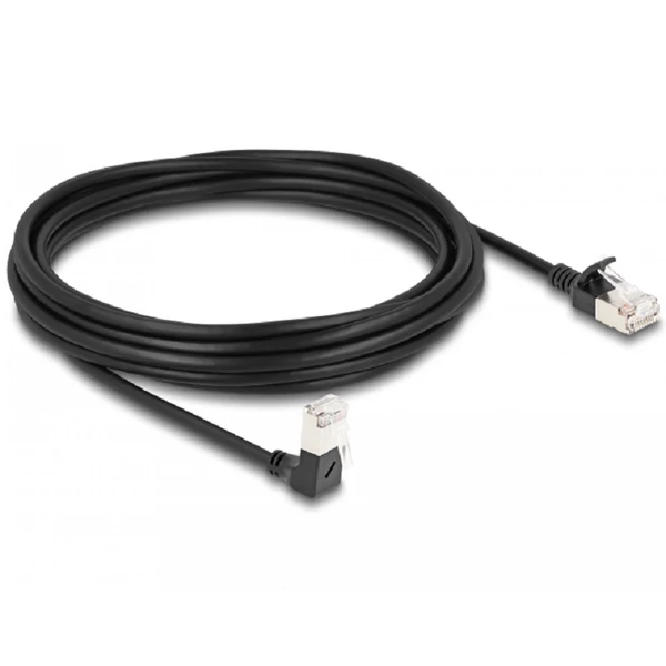 Delock RJ45 hálózati kábel Cat.6A S/FTP vékony 90  fokban lefelé hajló / egyenes 5 m fekete