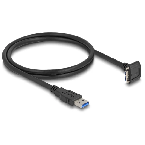 Delock USB 5 Gbps kábel A-típusú USB apa egyenes   Mikro-B-típusú USB apa 90 -ban lefelé fordított 18 mm-es csavar távolsággal 1 m, fekete