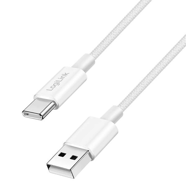 Logilink USB 2.0 Type-C kábel, C/M - A/M, 480 Mbps, 60W, nejlon, fehér, 0,5 m