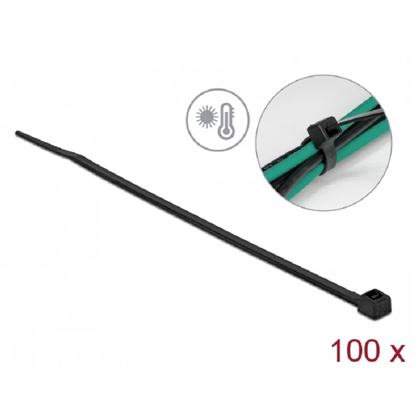 Delock Kábelkötöző ellenáll a forró hőmérsékletnek hossza 150 x szélessége 3,6 mm, 100 db. Fekete