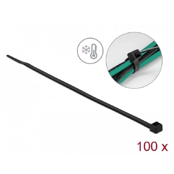Delock Kábelkötöző ellenáll a hideg hőmérsékletnek hossza 200 x szélessége 4,8 mm, 100 db. Fekete