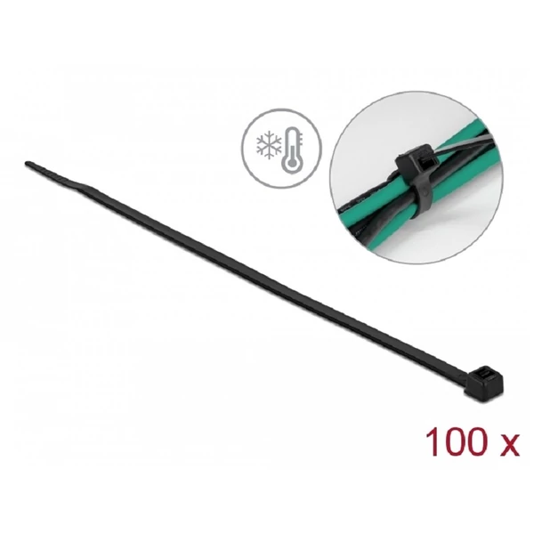 Delock Kábelkötöző ellenáll a hideg hőmérsékletnek hossza 300 x szélessége 4,8 mm, 100 db. Fekete