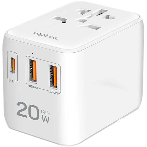 Logilink Univerzális utazó tápegység, 20 W (PD), 4x csatlakozók, tűzálló, fehér