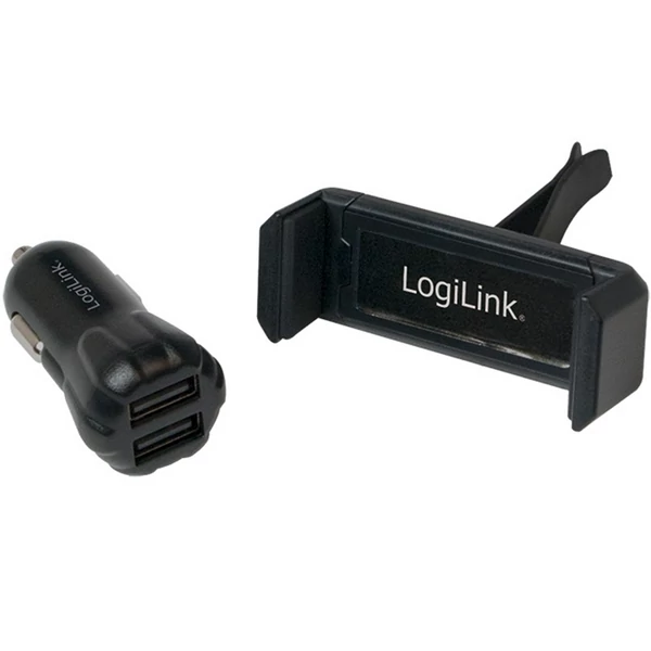 Logilink USB autós töltőkészlet, 2portos töltő (10W) + tartó