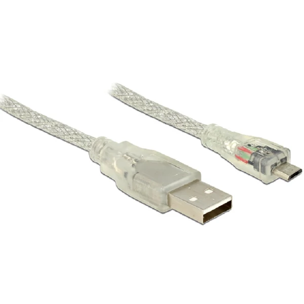 Delock USB 2.0-s kábel A-típusú csatlakozódugóval > USB 2.0 Micro-B csatlakozódugóval 1 m, áttetsző