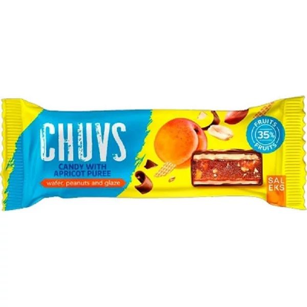 Chuvs Gyümölcsszelet pörkölt mogyoróval, csokoládé bevonattal Sárgabarackkal 30g