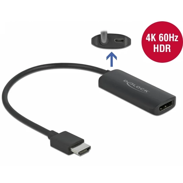 Delock Adapter HDMI-A-dugós csatlakozó - DisplayPort-csatlakozóhüvely 4K 60 Hz
