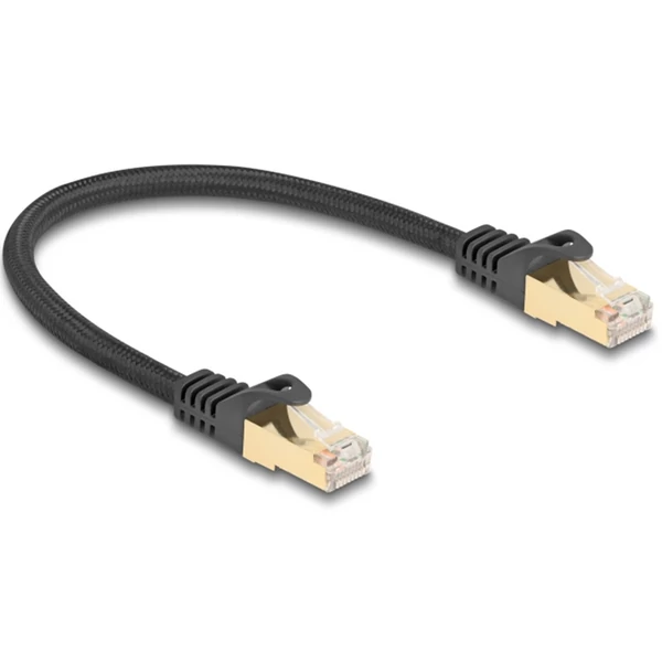 Delock RJ45 hálózati kábel fonott borítással Cat.6A S/FTP apa - apa 0,25 m fekete