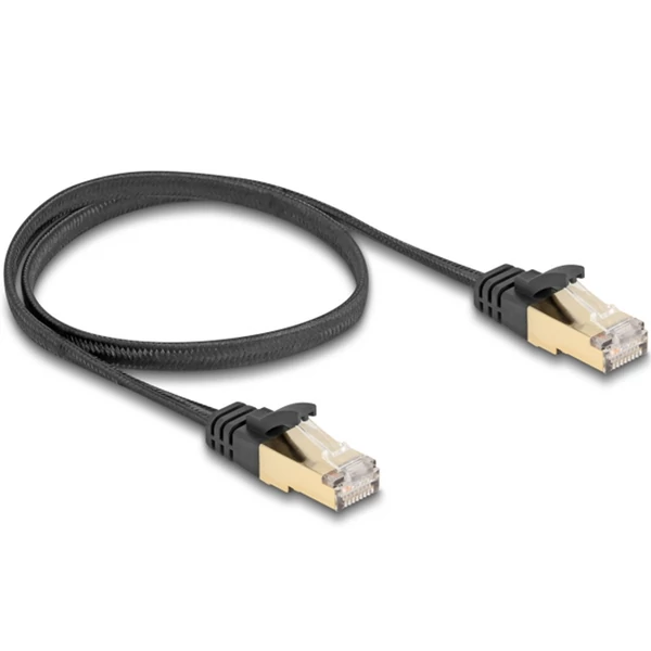 Delock RJ45 lapos hálózati kábel fonott borítással Cat.6A U/FTP apa - apa 0,5 m fekete