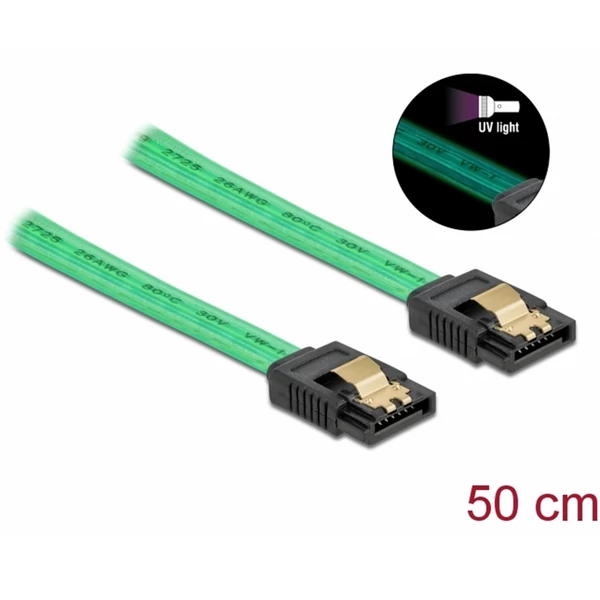 Delock 6 Gb/s SATA kábel UV fényhatással zöld színű, 50 cm