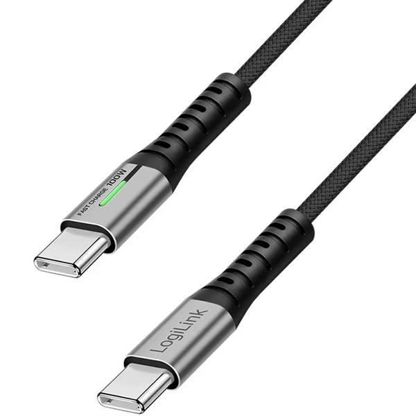 Logilink USB 3.2 Gen2x2 Type-C kábel, C/M - C/M, 20Gbps, 100W, 4K, LED, fém, fekete, 1 m