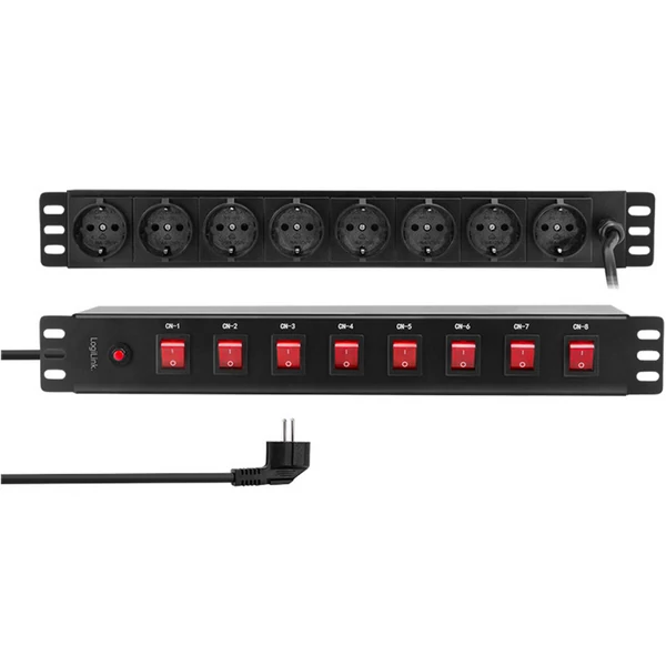 Logilink 19" PDU 8 x CEE 7/3 biztonsági aljzat, mindegyik aljzat be-/kikapcsolóval