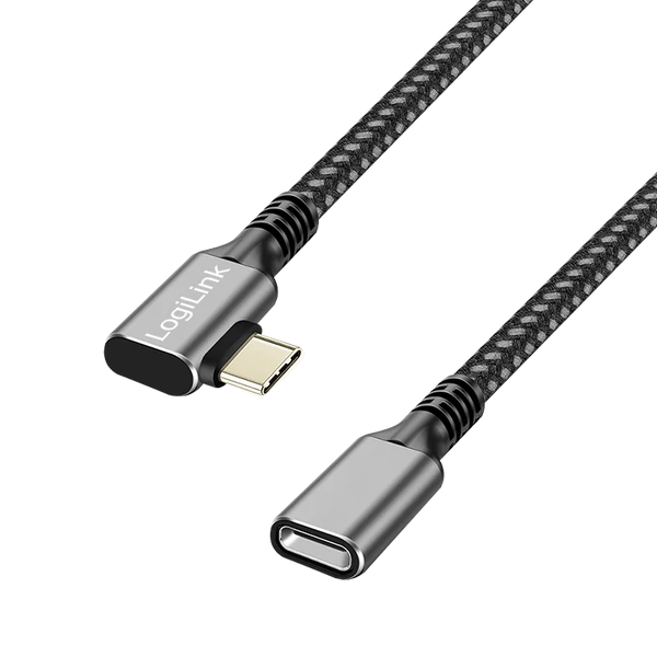 Logilink USB 3.2 Gen2 Type-C kábel, C/M 90  - USB-C/F, PD, alu, fekete/szürke, 1 m
